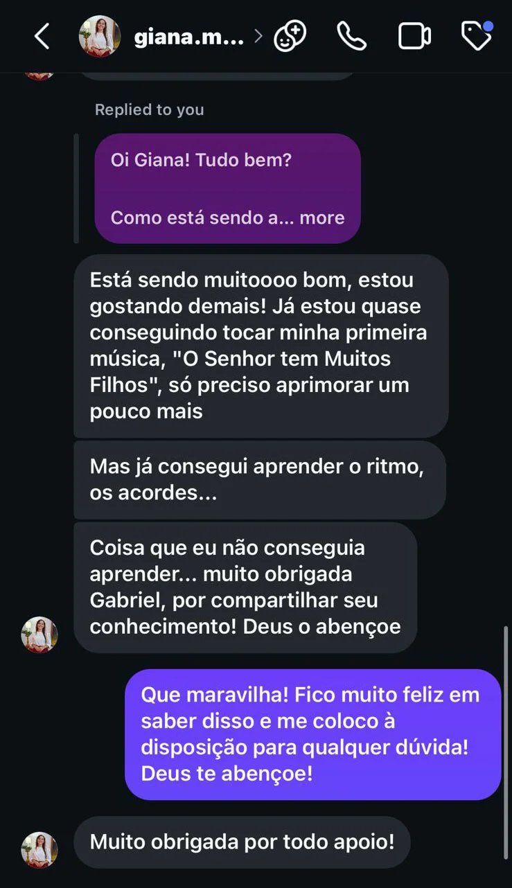 Mensagem de aluno sobre os resultados das aulas